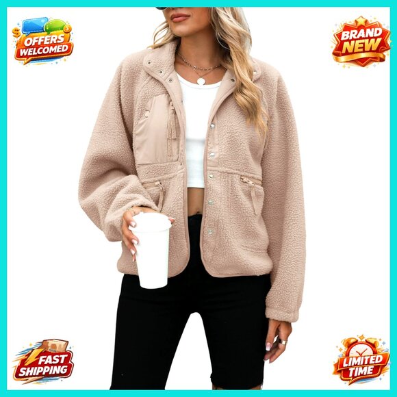 Fuzzy Sherpa Fleece Jacket Cropped Oversized Button Down Cozy Winter Outerwear